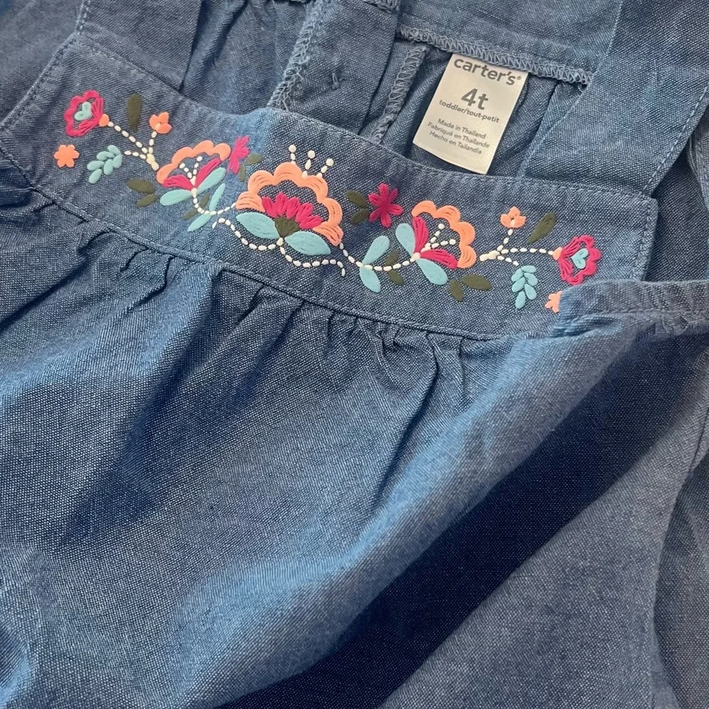 Carter's Kids Blue Chambray Tank Top with Floral Embroidery | Girls 4T LIKE NEW